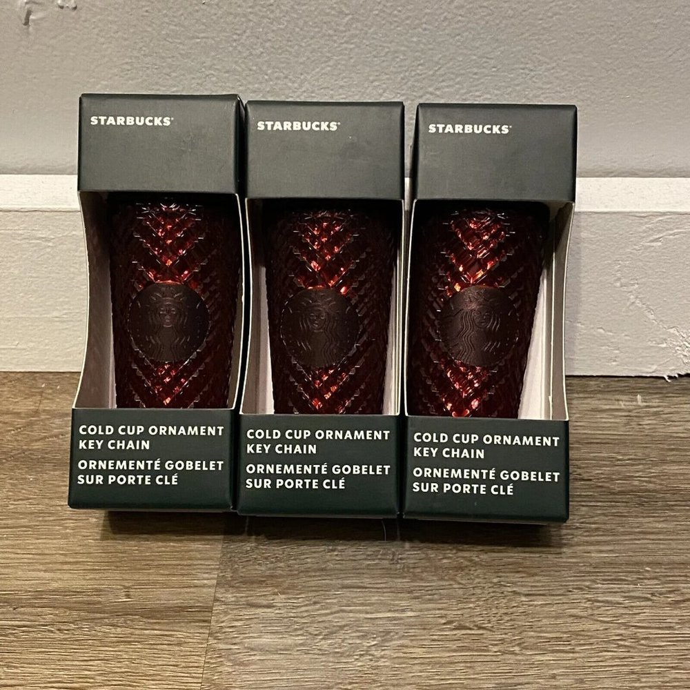 Lot Of 3 Starbucks 2022 Holiday Christmas Merlot Red Studded Cold Cup Ornament